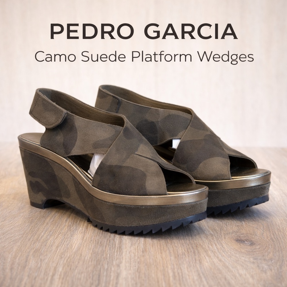 Pedro Garcia Camo Suede Platform Wedge Sandals Size 39